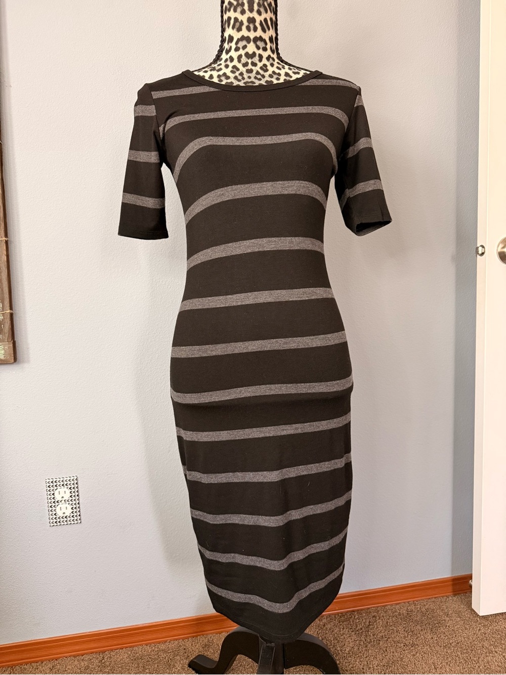 LuLaRoe Black and Gray Striped Midi Dress